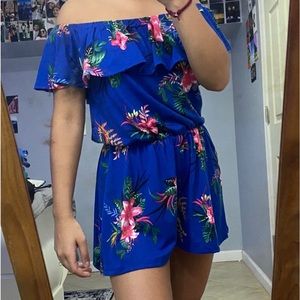 royal blue floral design off the shoulder romper
